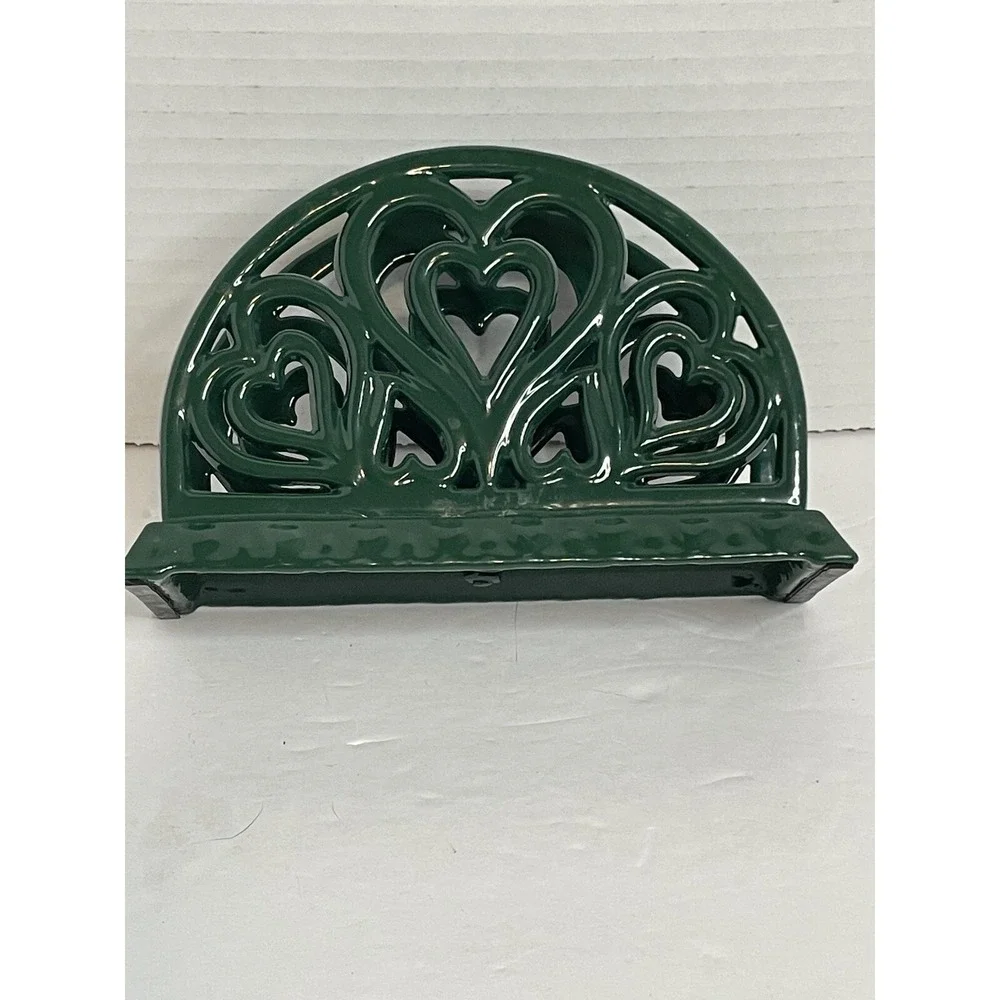 Vintage Green Ornate Heavy Metal Wrought Iron Napkin Holder/Letter Holder Hearts